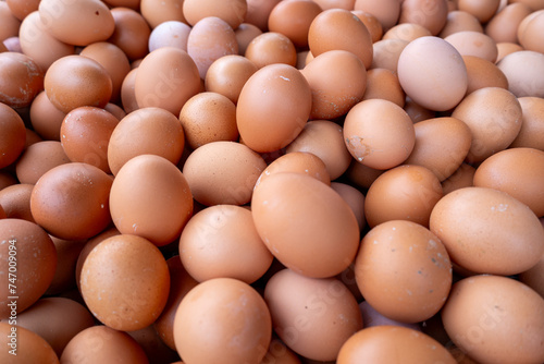 A number of fresh chicken eggs ready for sale and serving