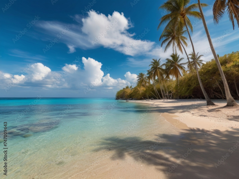 Obraz premium Turquoise water of a tropical sea, palm trees along the beach, feathered clouds, generative ai