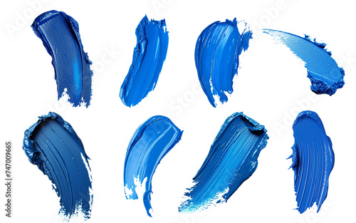 Blue lipstick smear smudge isolated on transparent background. Color makeup swatch set