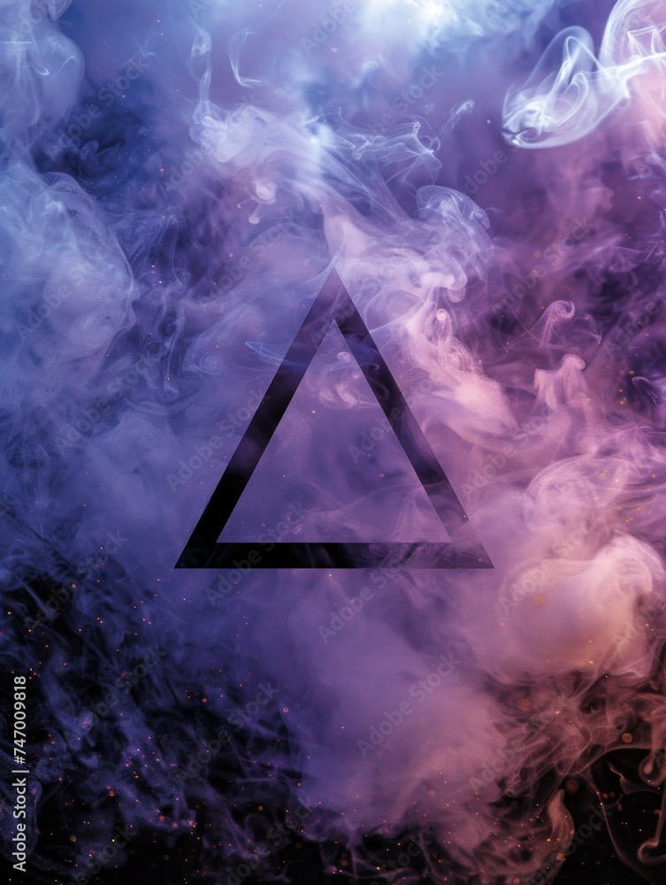 A black triangle emerges amidst swirling violet and blue smoke, creating a mystical abstract composition