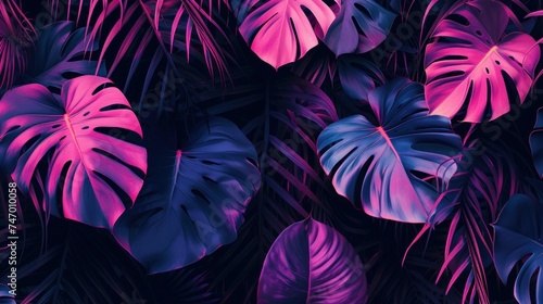 Creative fluorescent color layout made of tropical leaves. Flat lay neon colors. Nature concept
