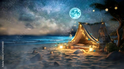 a wallpaper featuring a tent on the sandy shores, with a view of the moonlit sea and traditional Ramadan decorations fluttering in the breeze. seamless looping time-lapse virtual 4k video animation photo