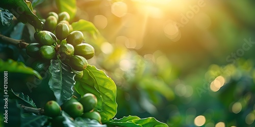 Vibrant Coffee Beans Growing on Plant Branch: Close-Up View with Blurred Background. Concept Coffee Plant, Coffee Beans, Close-Up View, Blurred Background, Vibrant Colors