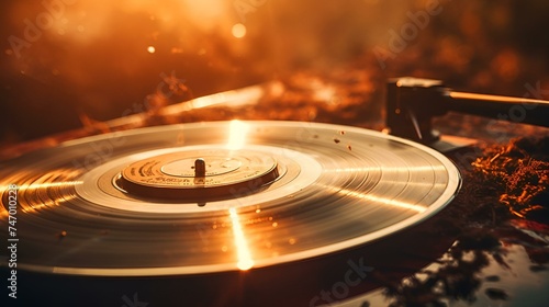 Vintage Vinyl Record Playing on a Turntable with Warm Sunset Light 