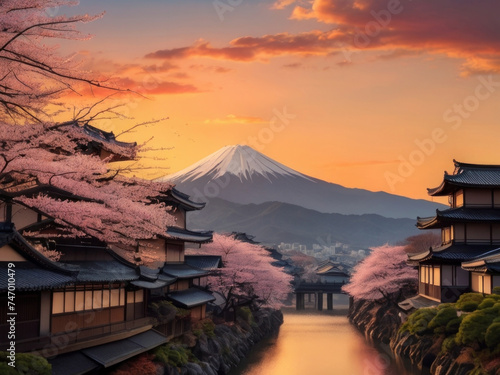 An old Japanese city  mountains and sakura blossom  colorful sunset landscape  generative ai