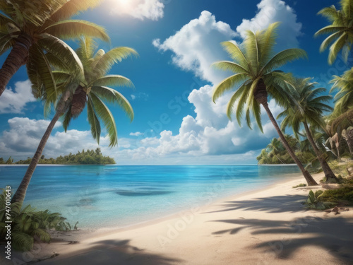 Turquoise water of a tropical sea  palm trees along the beach  feathered clouds  generative ai