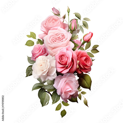 Beautiful bouquet of pink roses with lush green leaves, cut out