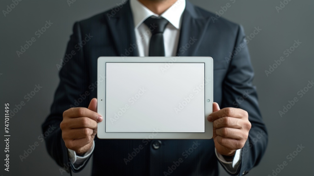A businessman holding an iPad digital Tablet. iPad digital tablet with Blank screen mockup replacing design mockup A businessman holding an iPad digital Tablet. iPad digital tablet with Blank screen mockup replacing design mockup