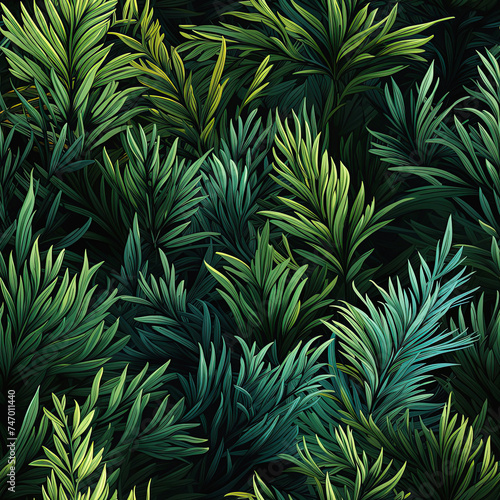 seamless pattern with green branches of pine spruce fir tree on a black background