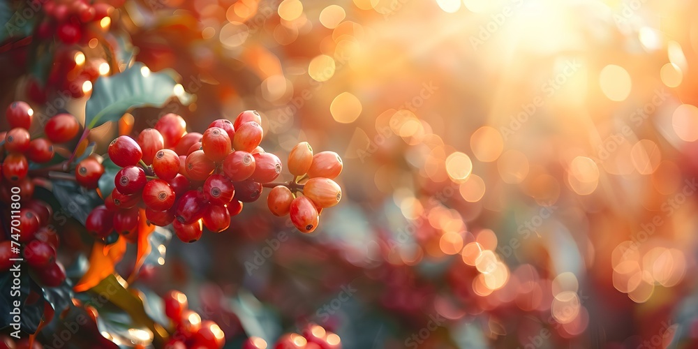 Vibrant closeup of coffee beans growing on a plant branch with blurred background. Concept Coffee Plantations, Closeup Photography, Nature Captures, Vibrant Colors, Blurred Backgrounds Vibrant closeup of coffee beans growing on a plant branch with blurred background. Concept Coffee Plantations, Closeup Photography, Nature Captures, Vibrant Colors, Blurred Backgrounds