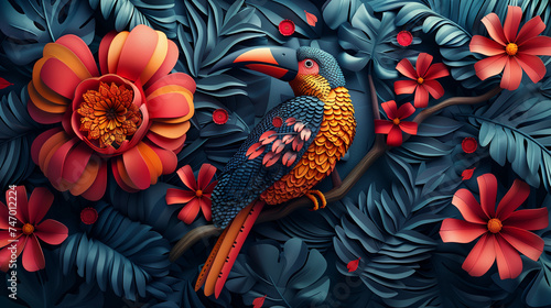 Colorful exotic paper birds in  paper flowers © Susca Life