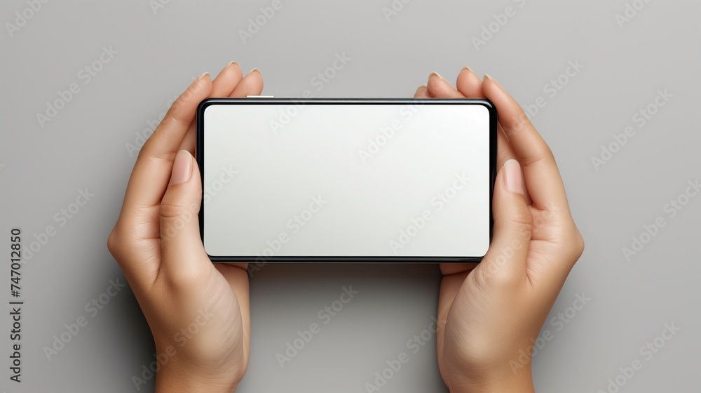 Hand holding mobile phone screen mockup. AI Hand holding mobile phone screen mockup. AI