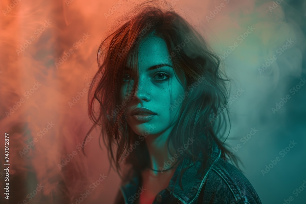 A captivating woman's portrait with dynamic colored smoke background, highlighting a mysterious and alluring expression.