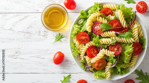 Healthy Chicken Pasta Salad with Avocado Tomato. AI