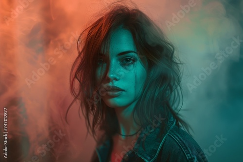 A captivating woman's portrait with dynamic colored smoke background, highlighting a mysterious and alluring expression.