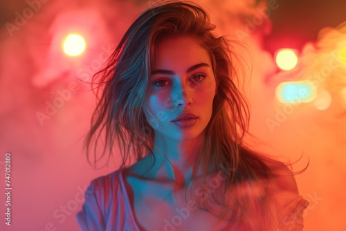 Surreal portrait of a young woman surrounded by vibrant neon lights, evoking a dreamlike and ethereal mood.