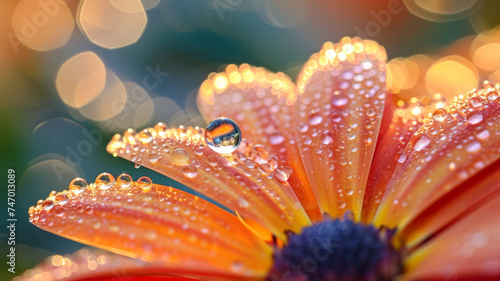 A water droplet delicately rests on a petal, magnifying the flower's intricate details and refracting sunlight, creating a miniature world of shimmering beauty