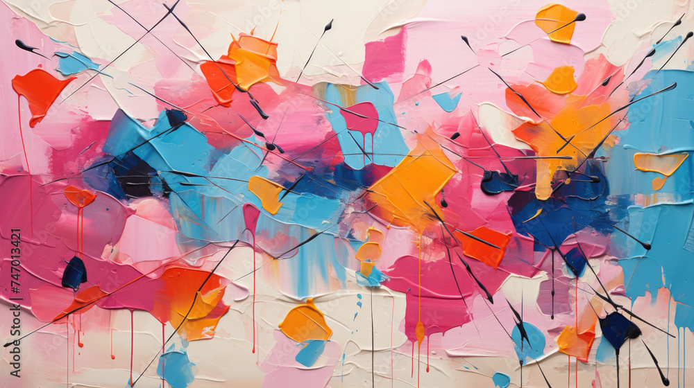 Colorful abstract painting with pink, blue, and yellow