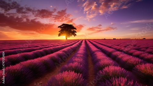 Lavender field in bloom with colorful sky at dusk © Ameer