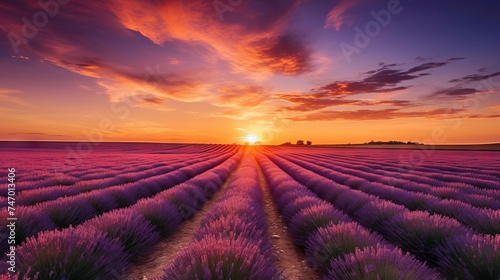 Lavender field in bloom with colorful sky at dusk
