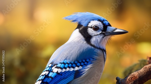 Close-up of a blue jay bird with vibrant feathers and crest on a tree branch