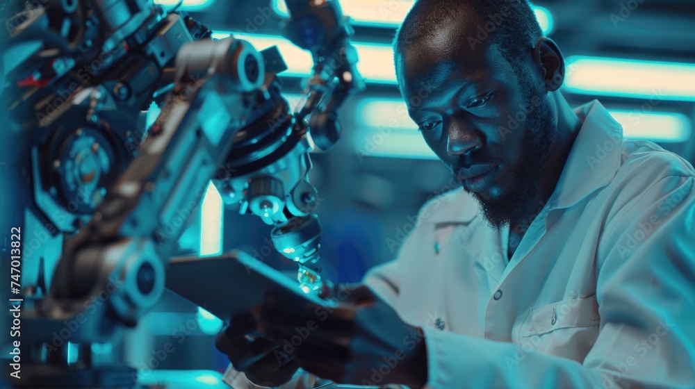 A focused engineer inspects robotics components, working in a high-tech blue-toned laboratory, representing innovation and precision