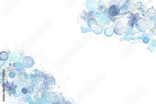 春夏用アルコールインクアートテンプレート。白背景に水色の花とシャボン玉と金色幾何学模様