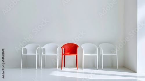 An illustration of the uniqueness of red colored chair that stands out distinctively among other white colored ones