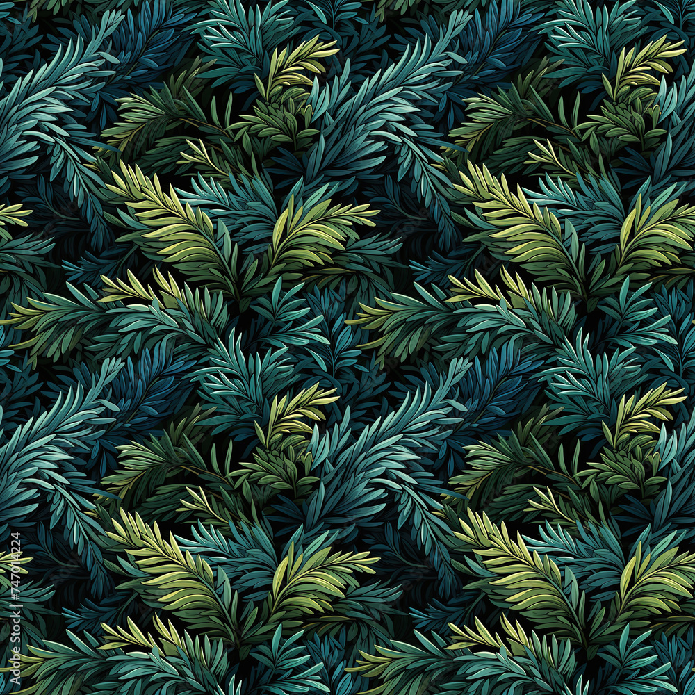 seamless pattern with green leaves on tree branches on black background