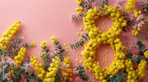 A creative composition of yellow flowers and green leaves on a soft pink backdrop with vibrant contrast