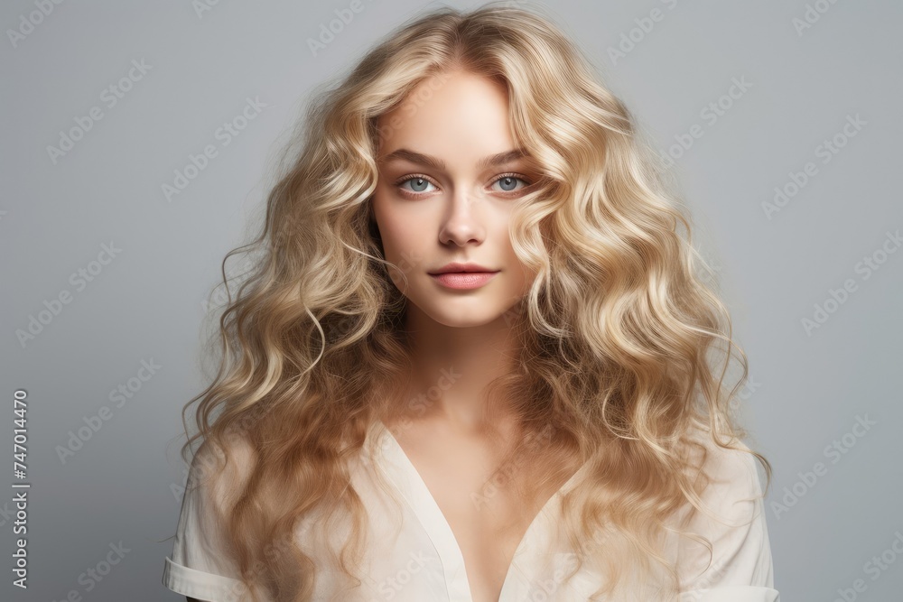beautiful young woman with lush wavy developing blond hair. portrait of a model for a beauty salon on a plain background