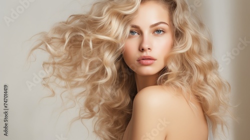 beautiful young woman with lush wavy developing blond hair. portrait of a model for a beauty salon on a plain background with copy space 