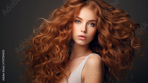 beautiful young brunette woman with lush wavy developing hair. portrait of a model for a beauty salon on a plain background