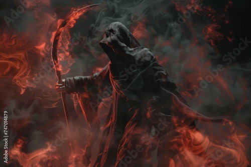 3D reaper with a sickle against a dark setting, with swirling smoke, close-up