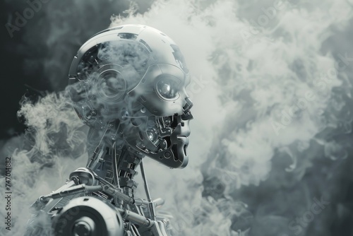 3D robotic figure against a dark setting, surrounded by ghostly smoke and mist, close-up
