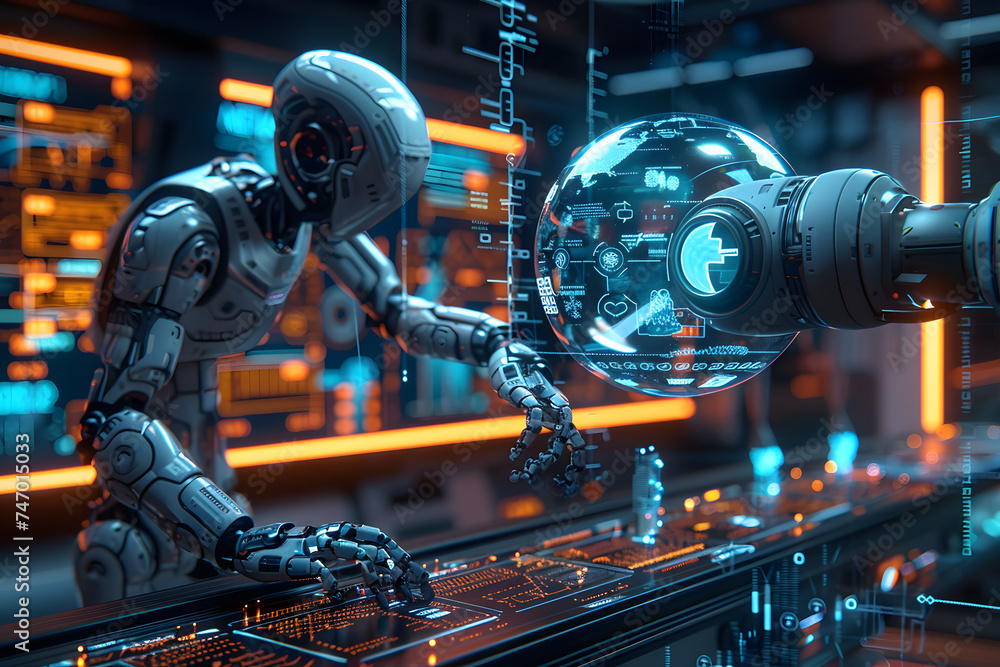 Fototapeta premium future robotic arms performing automated medical health care operation for future precision surgical robot and remote control hospital equipment as wide banner design with information hologram
