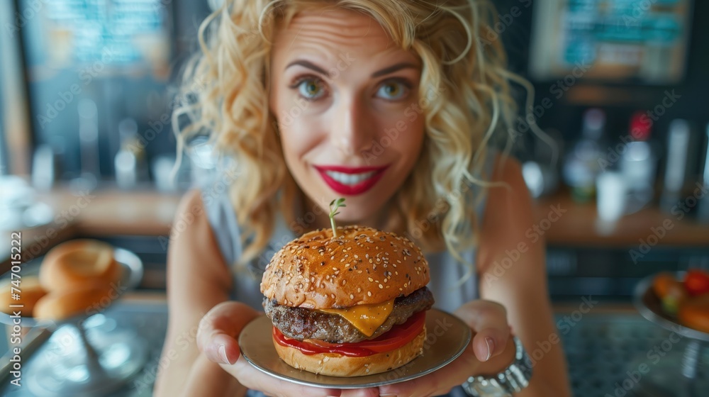 Attractive woman holding giant burgers in hand. Comically, food addiction concept. the poses on the scales wearing her posh suit while indulging in a decadent fast-food meal, food addiction concept. Attractive woman holding giant burgers in hand. Comically, food addiction concept. the poses on the scales wearing her posh suit while indulging in a decadent fast-food meal, food addiction concept.