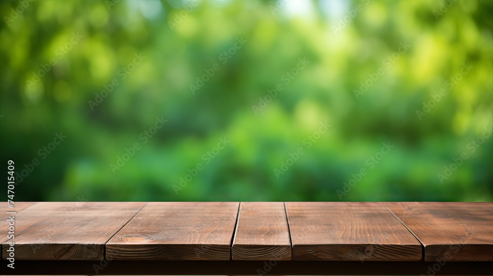 Wooden table with green bokeh background for product display or food photography Wooden table with green bokeh background for product display or food photography
