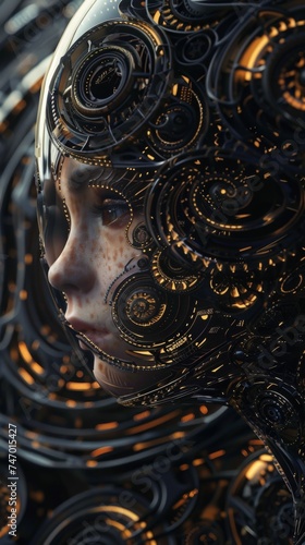A dark, close-up view of a girl with robotic fusion and a swirling pattern in a 3D setting