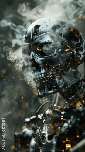 A dark, close-up view of a robotic figure with a skull, smoke, and flames in a 3D setting