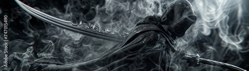 A dark, enigmatic close-up of a 3D reaper scene with a sickle and swirling smoke photo
