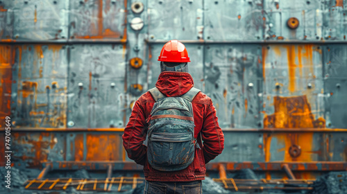 Portrait of a worker in a hardhat and with a backpack standing against the background of an old rusty iron wall