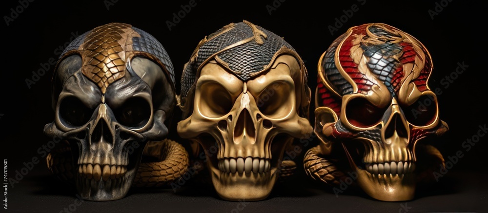 Three skulls with different designs are displayed, each showcasing intricate patterns and details. The skulls are positioned in a row, allowing viewers to appreciate the individual characteristics of