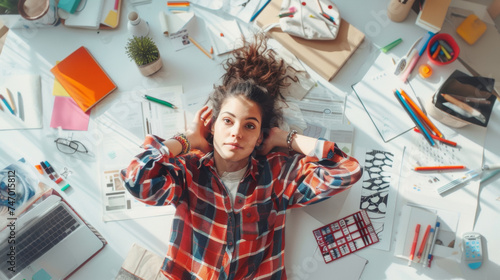 Top view of young fashion designer sitting at the desk with laptop generative ai