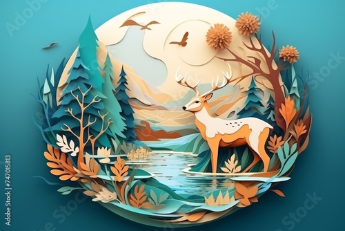 Paper art landscape with mountains, trees, flowers, river, birds, and clouds on blue background