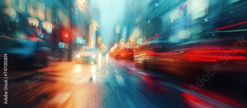 Dynamic Urban Life: Blurred City Street with Moving Cars and Tall Buildings