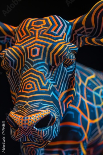 Close-up of a 3D pop art animal with geometric patterns in a dark environment