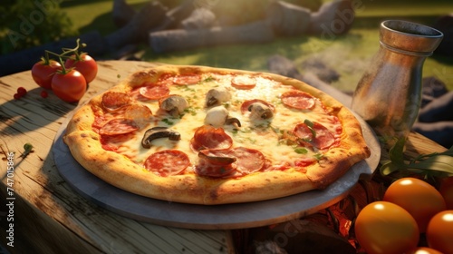 Pepperoni and Vegetable Pizza on Wooden Table