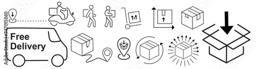 Moving Service web icons in line style. Courier, office move, packing, loaders, collection. Vector