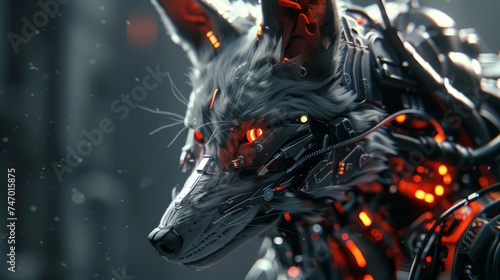 Close-up of a 3D robotic fox in war, depicted in a dark, intense way